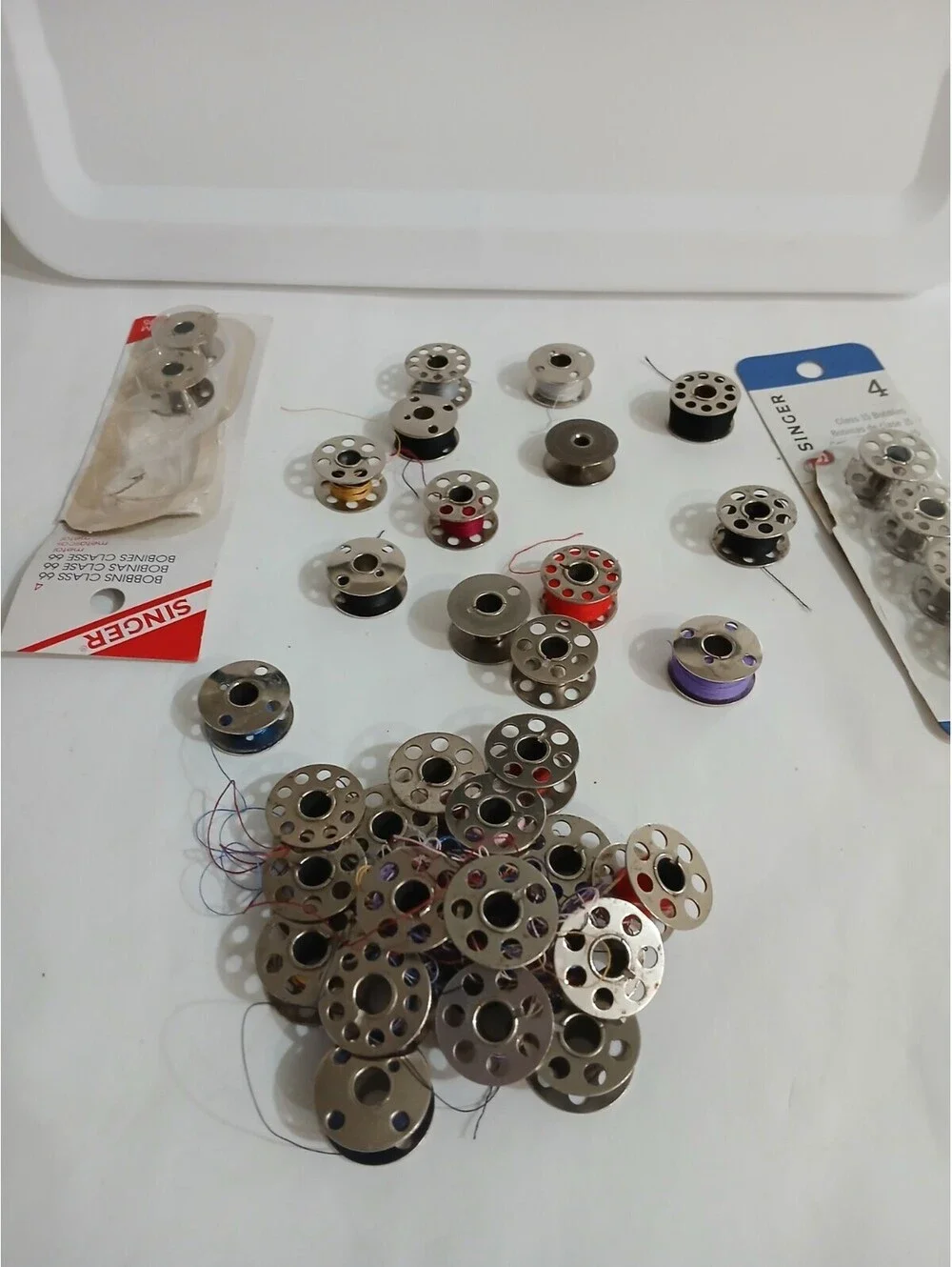 Lot of  Vintage Metal Sewing Machine Bobbins With Yarn Different Colors